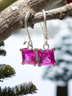 Bright Pink Sapphire Earrings Sterling Silver, September Birthstone